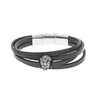 Βραχιόλι Senza Men&#039;s Steel Black Leather Strap with Lion