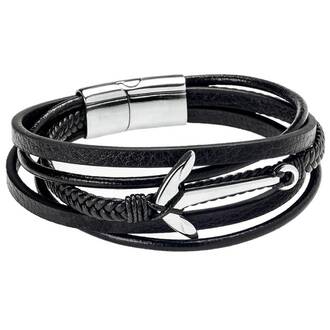 Βραχιόλι Senza Men&#039;s Steel Black Leather Strap Με Ασημί Άγκυρα