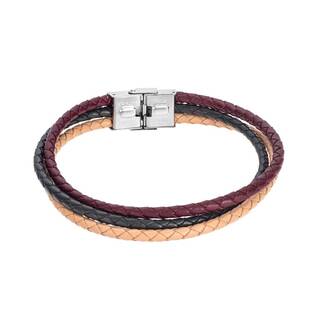 Βραχιόλι Senza Men&#039;s Steel Beige, Bordeaux &amp; Green Leather Strap