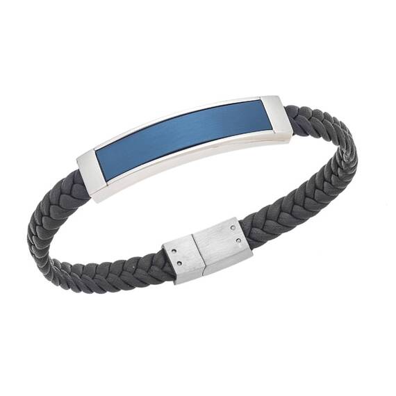 Βραχιόλι Senza Men&#039;s Silver&amp;Blue Stainless Steel With Black Leather