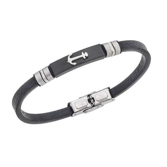 Βραχιόλι Senza Men&#039;s Steel, Black Leather Strap With Anchor