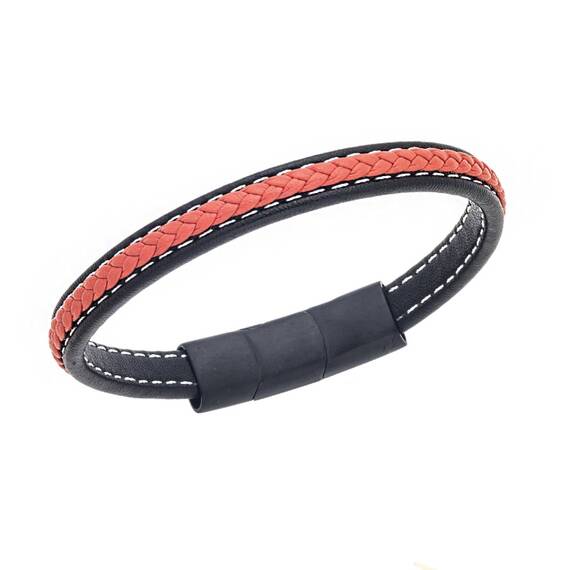 Βραχιόλι Senza Men&#039;s Steel Black &amp; Orange Leather Strap