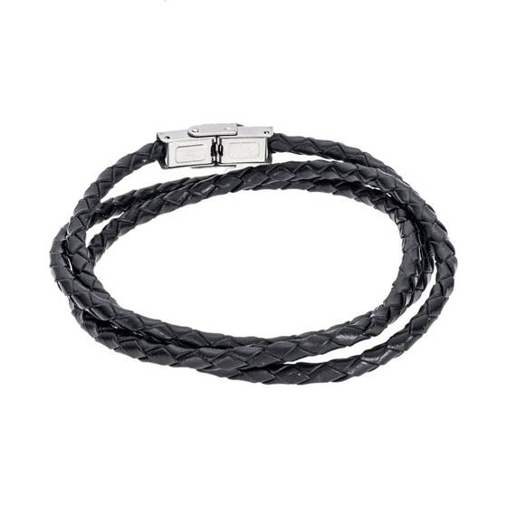 Βραχιόλι Senza Men&#039;s Steel Black Leather Strap