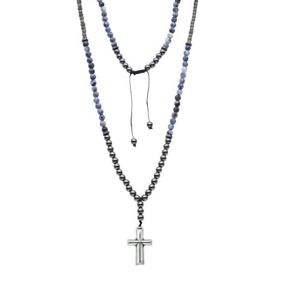 Κολιέ-Ροζάριο Unisex Senza Hematite &amp; Sodalite Stones with Steel Cross