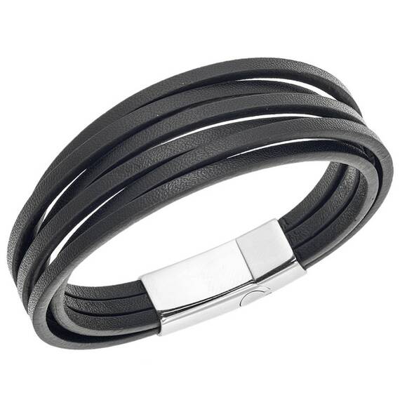 Βραχιόλι Senza Men&#039;s Steel Black Leather Strap