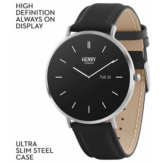 HENRY LONDON Smartwatch Silver & Black Leather HLS65-0009, image 2